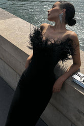 Robe longue vintage en tricot à volants, sans bretelles, avec bordure en plumes - Noir